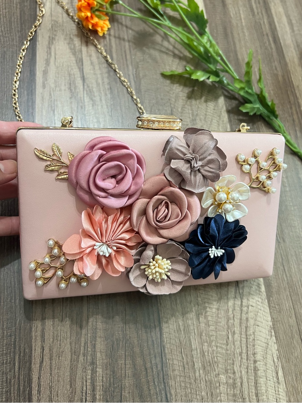 Blush Pink Floral Appliqué Evening Clutch with Gold Chain